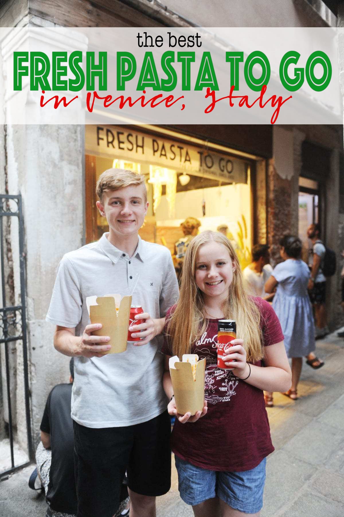 Fresh pasta to go venice italy with text