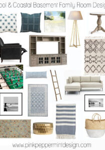 Cool and coastal basement family room design collage