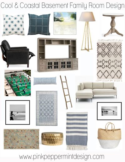 Cool and coastal basement family room design collage