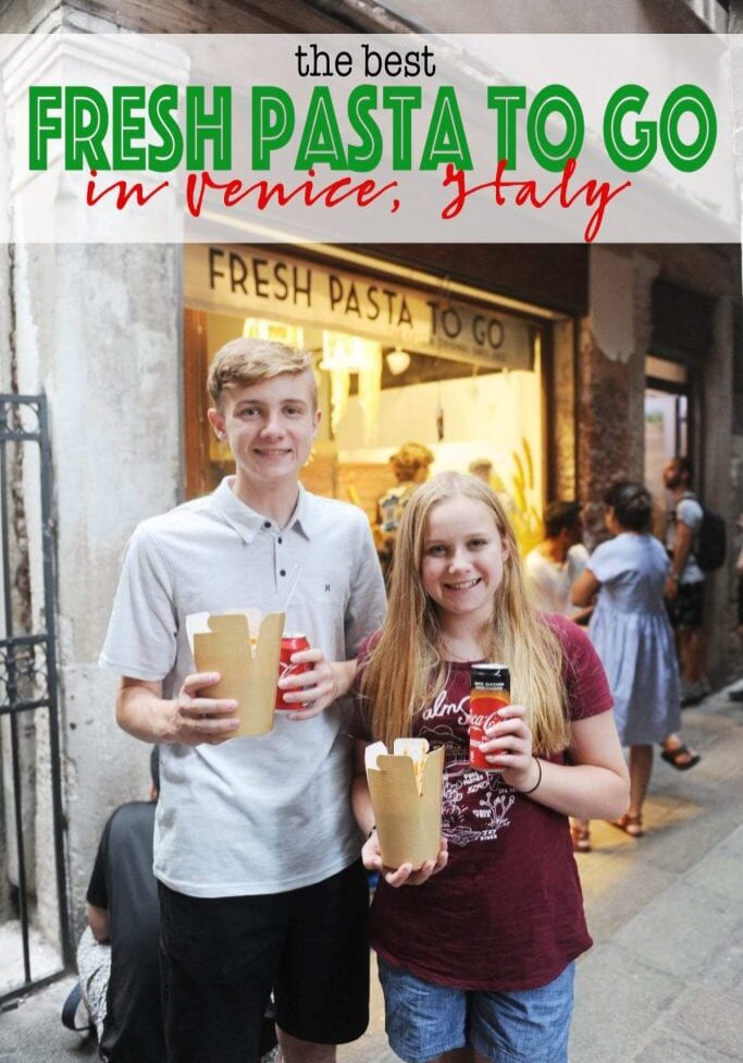 Fresh pasta to go venice italy with text