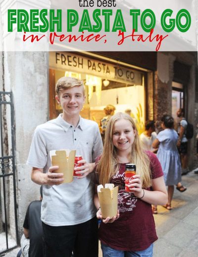 Fresh pasta to go venice italy with text